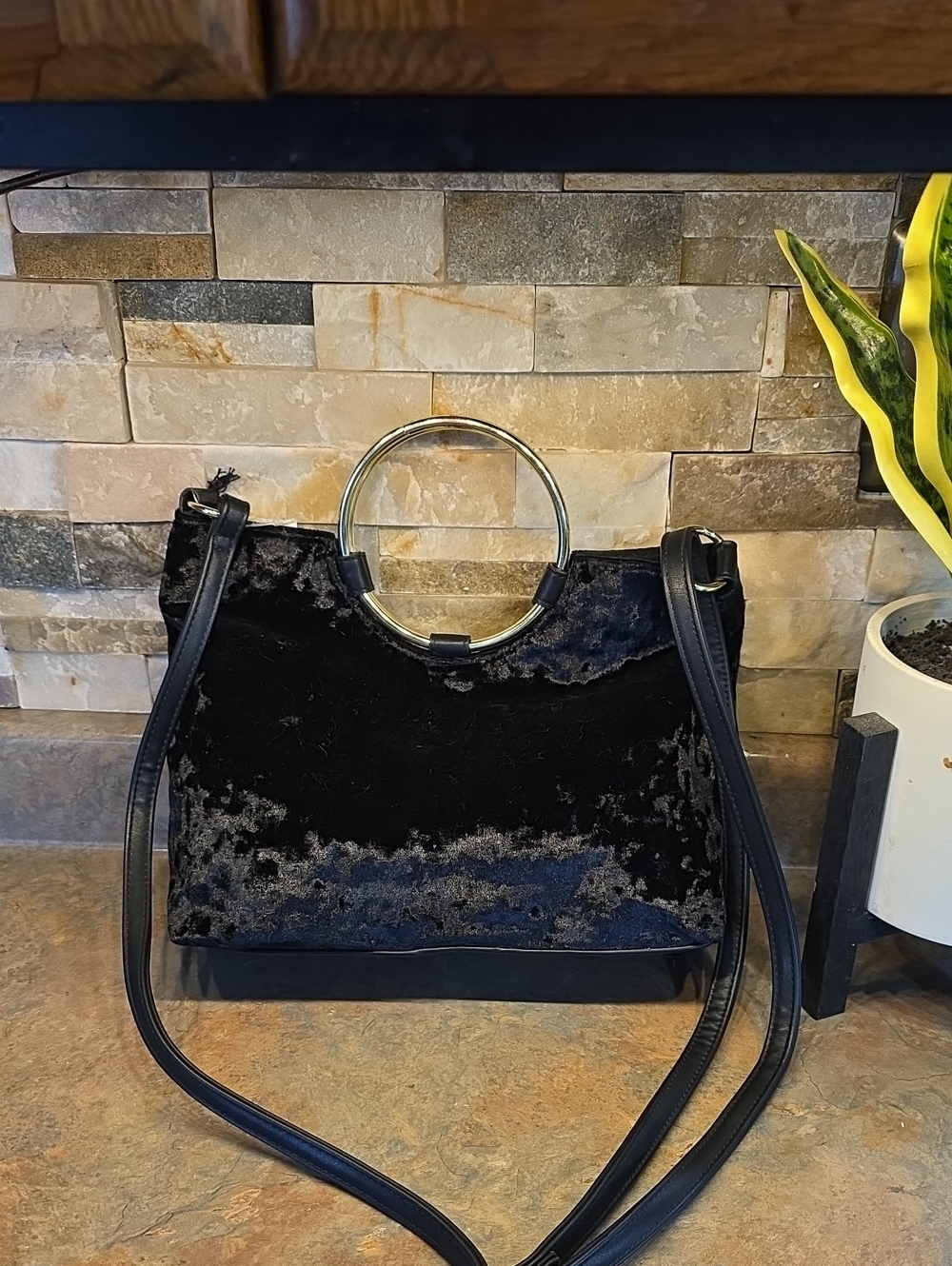 Black Velvet Shoulder Bag with Gold Ring Handle